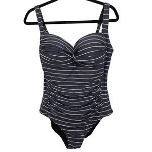 BOND EYE Australia Navy & White Striped One-Piece Swimsuit Ruched Front & Built-